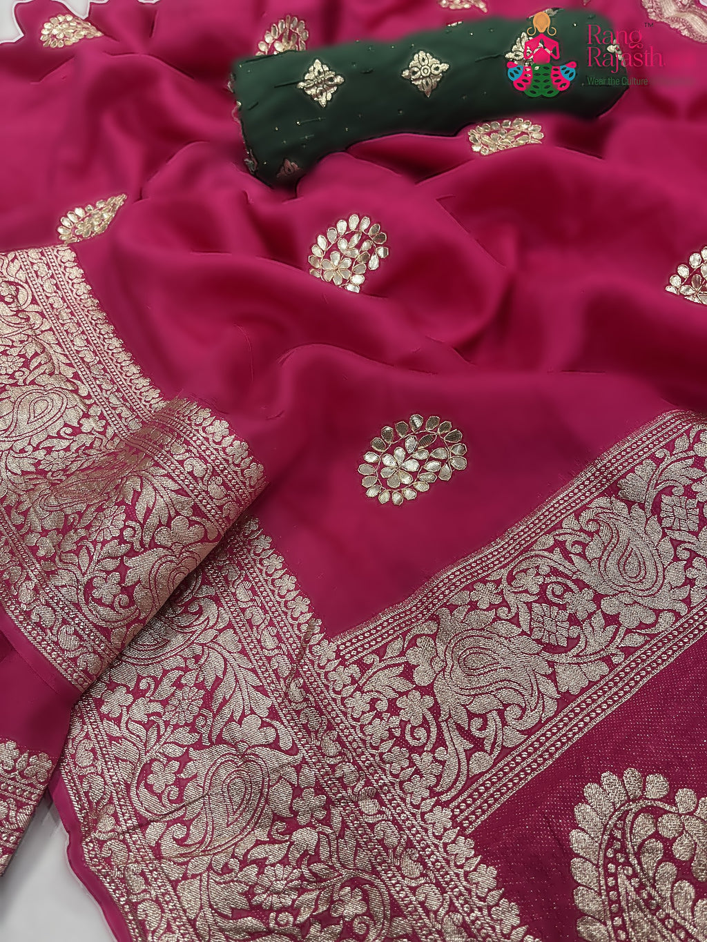 close up detailing of rani pure Russian silk gota patti saree 