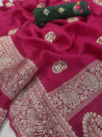 close up detailing of rani pure Russian silk gota patti saree 