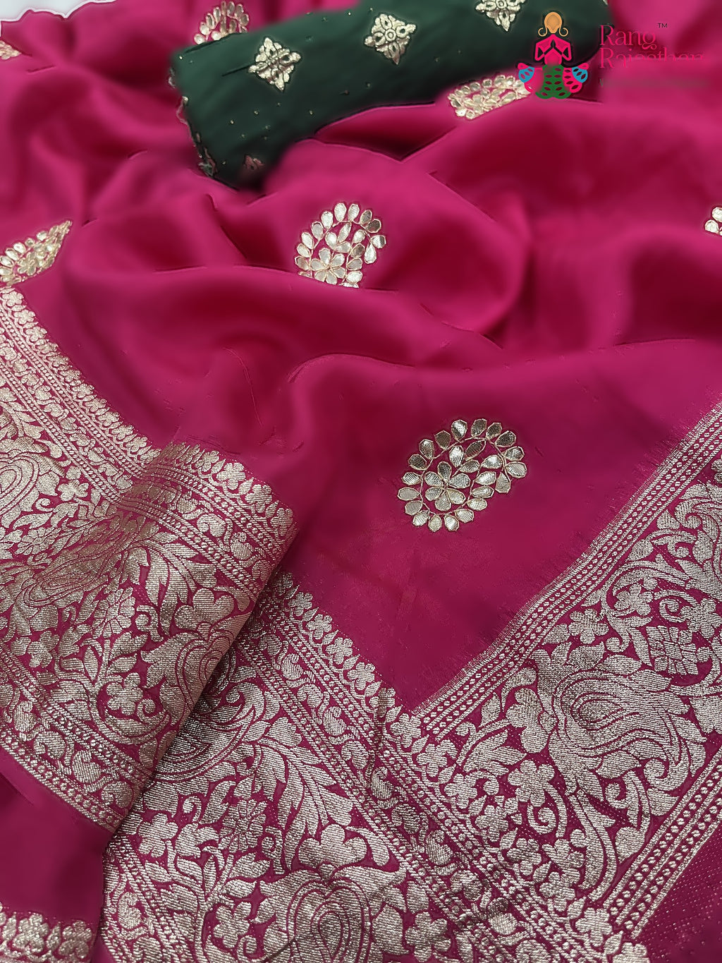 pallu detailing of rani pure Russian silk gota patti saree 