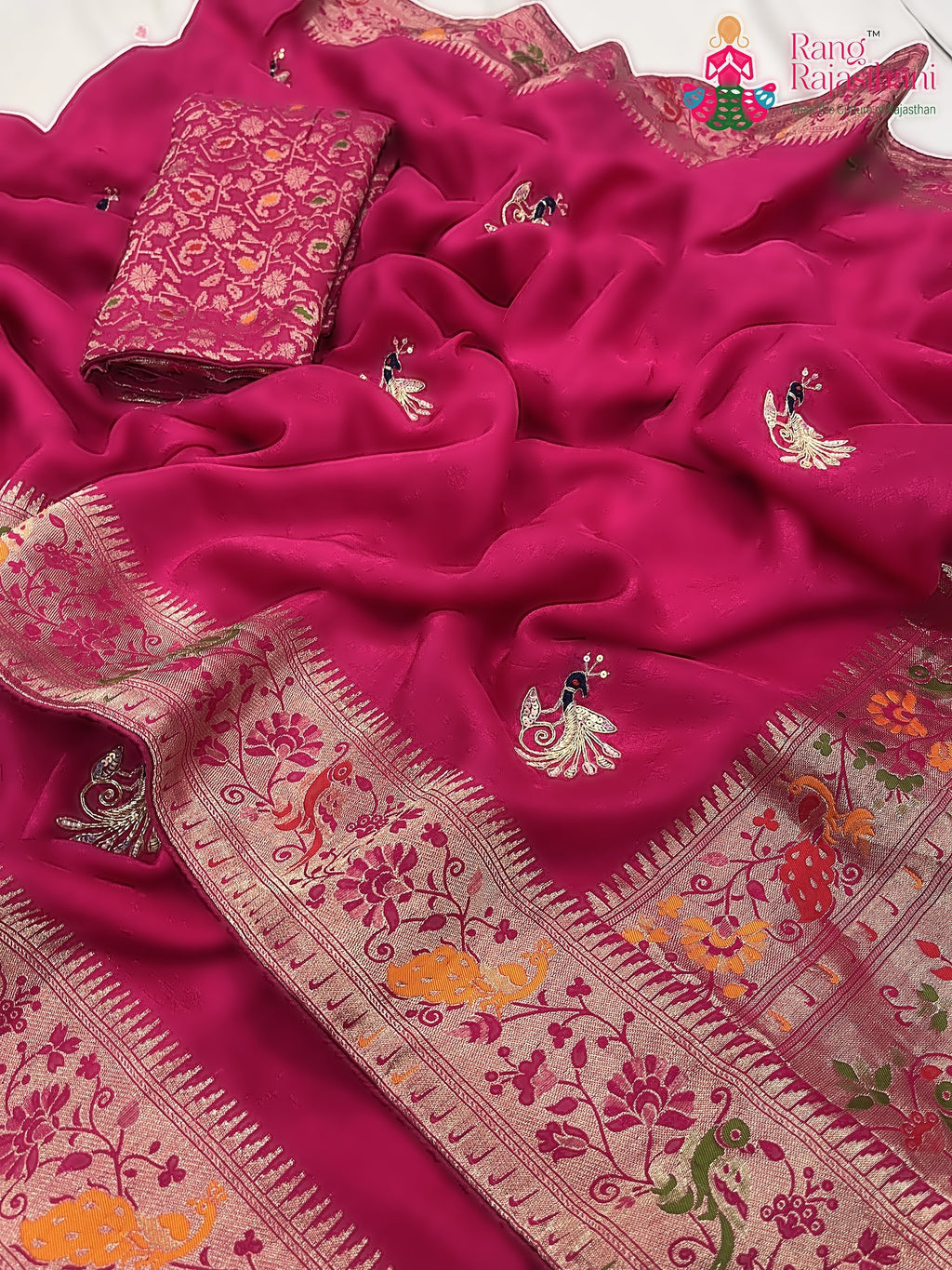 pallu detailing of rani pure Russian silk hand saree 
