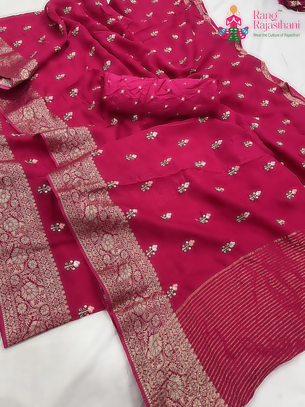 complete look of rani pure Russian silk resham embroidery saree 