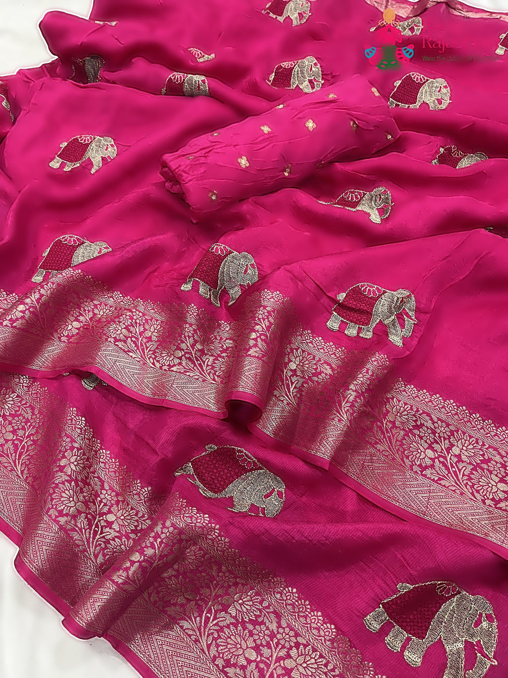 complete look of rani pure Russian silk resham embroidery saree 