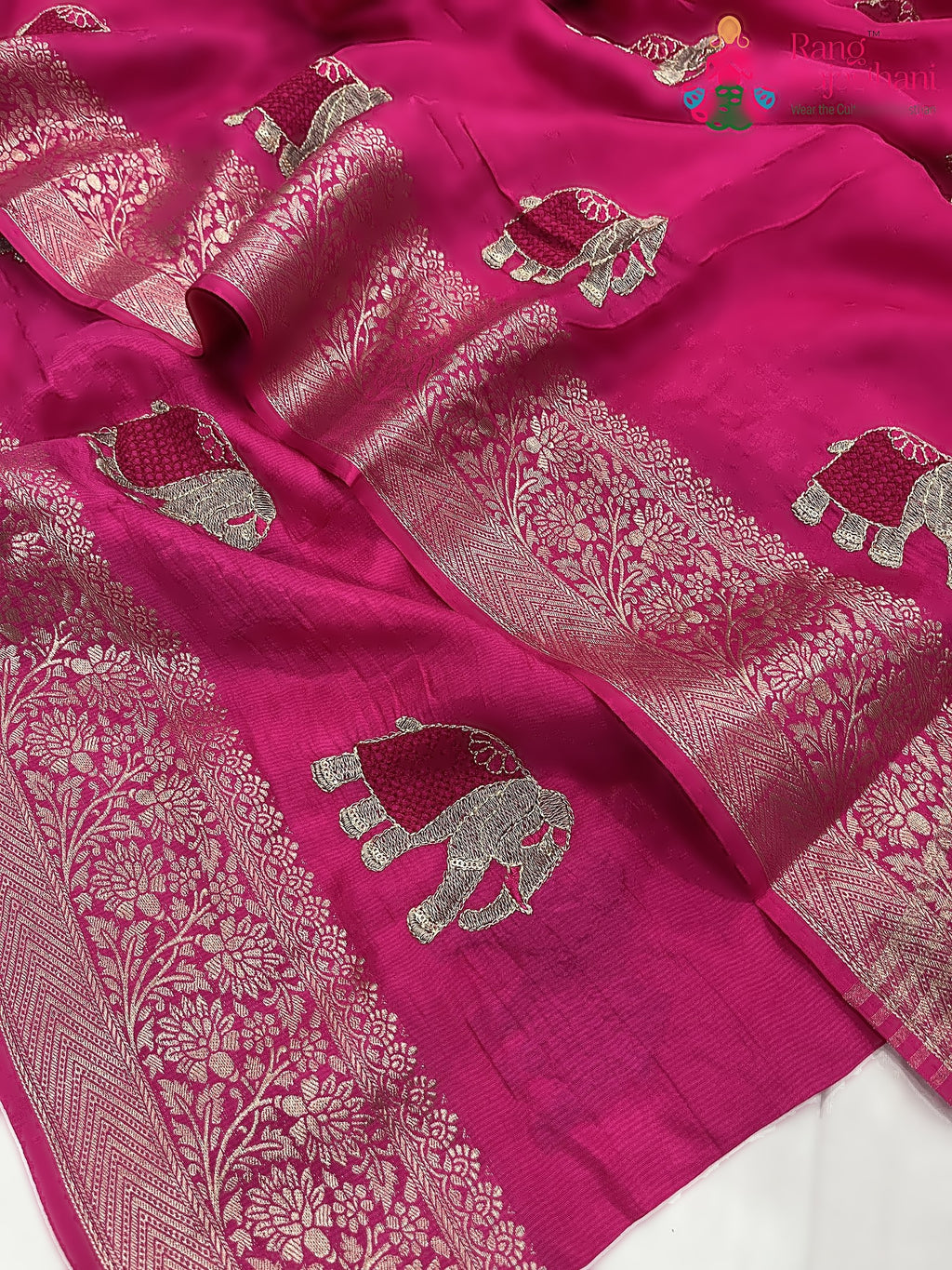 pallu detailing of rani pure Russian silk resham embroidery saree 
