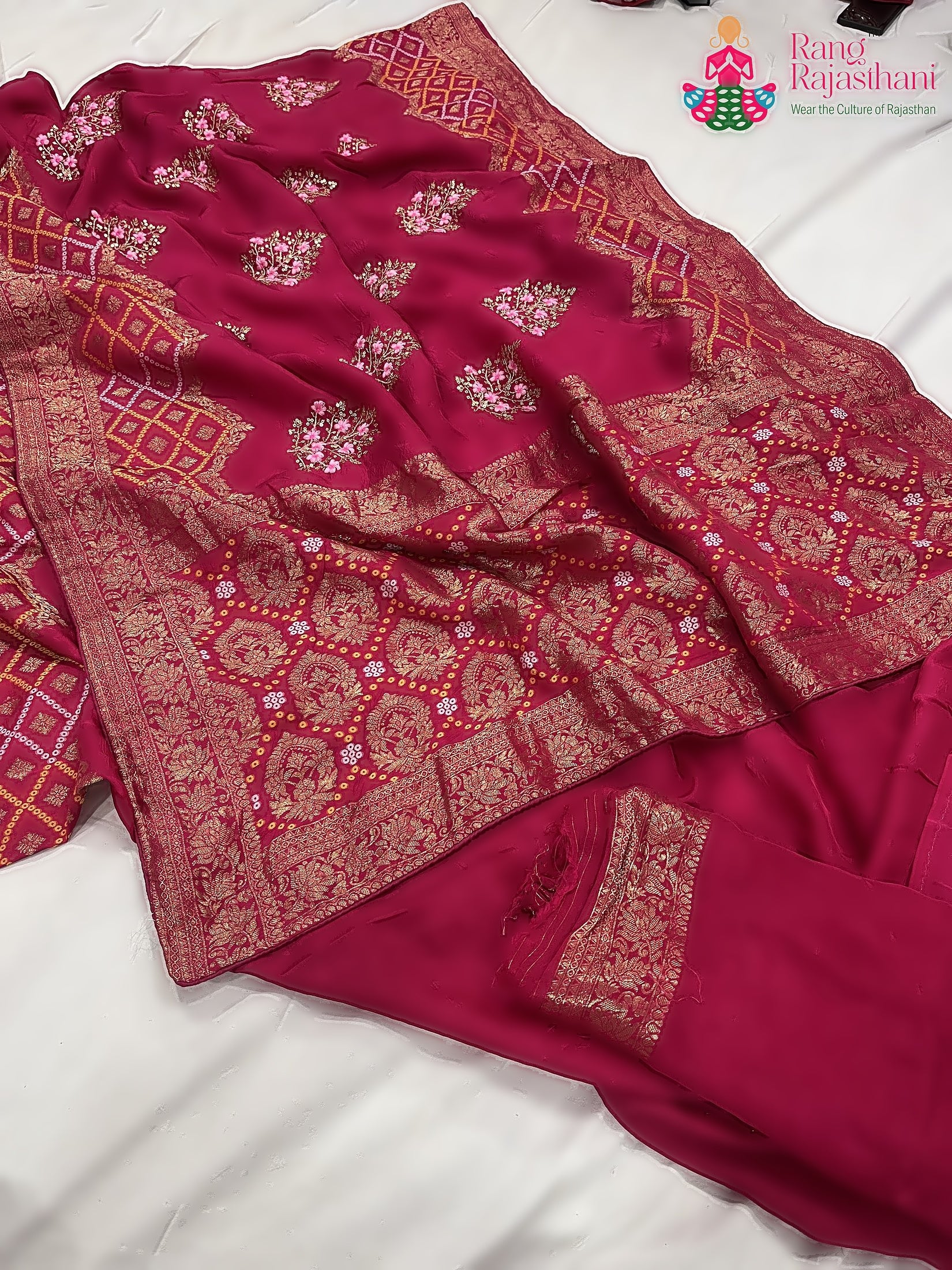Rani Pink Pure Russian Silk Resham Embroidery Saree : Soft Balance