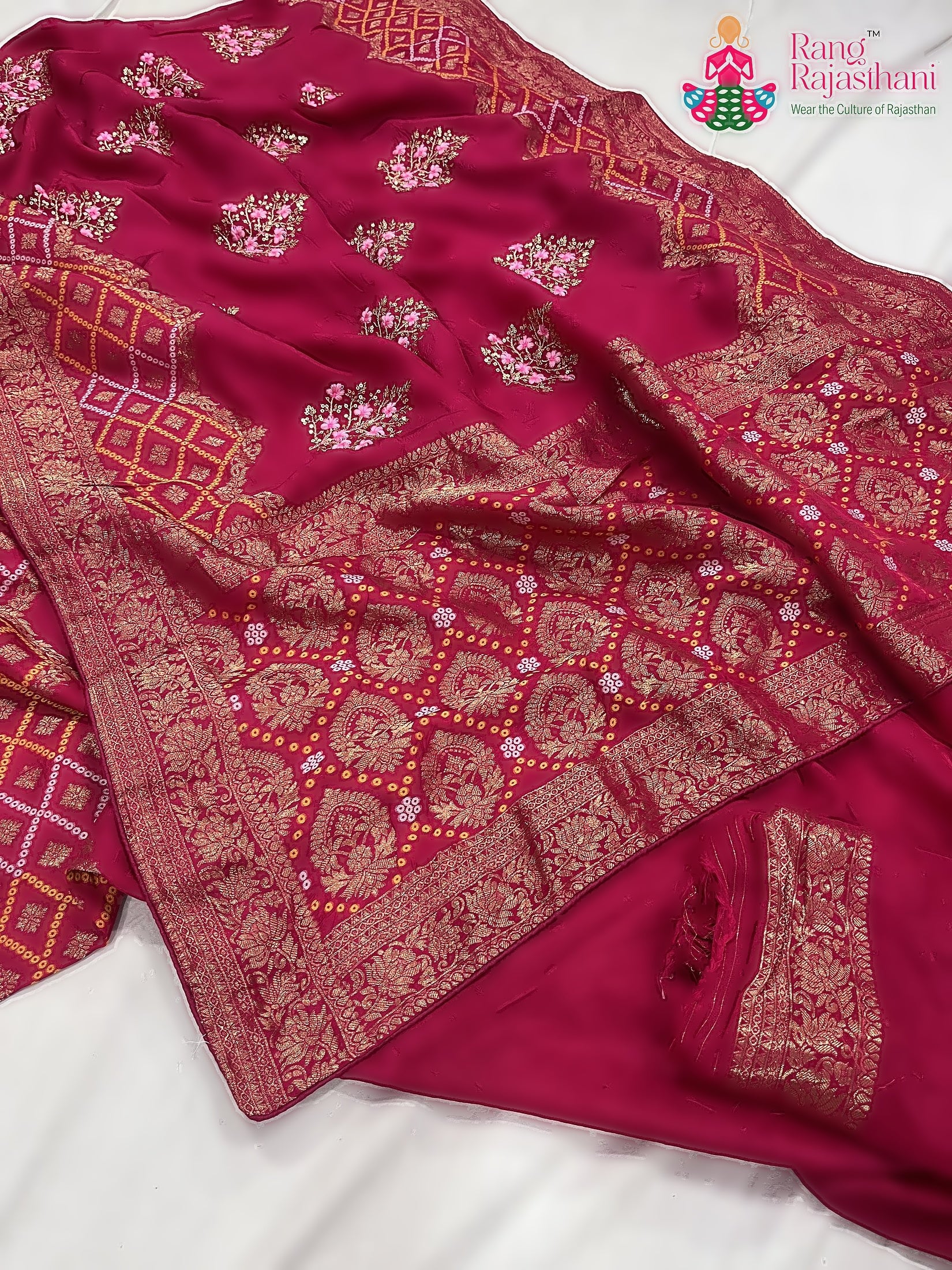 Rani Pink Pure Russian Silk Resham Embroidery Saree : Soft Balance