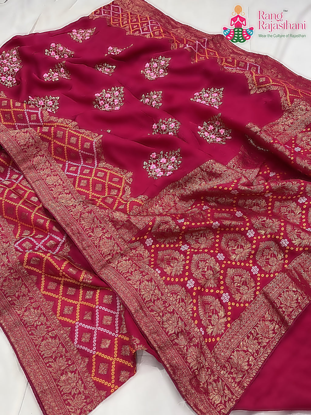 close up detailing of rani pure Russian silk resham embroidery saree 