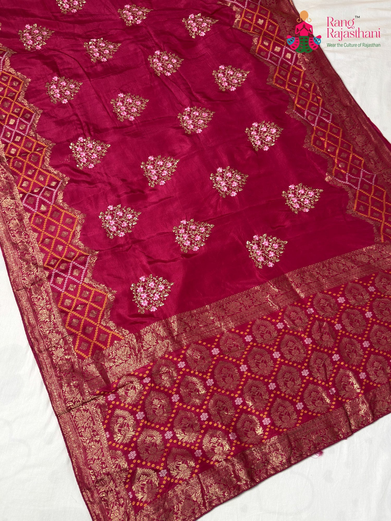 Rani Pure Russian Silk Resham Embroidery Chunri Saree for Wedding Guest | Traditional Pick