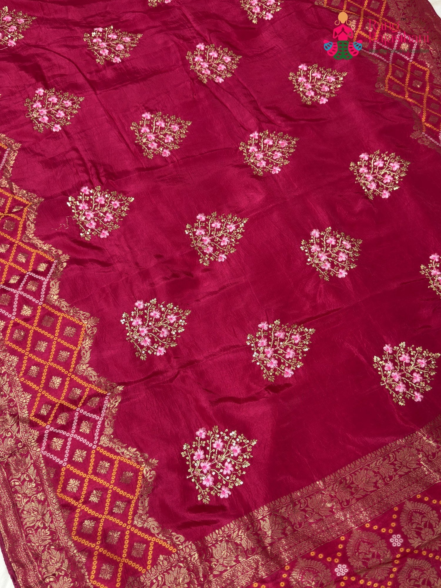Rani Pure Russian Silk Resham Embroidery Chunri Saree for Wedding Guest | Traditional Pick