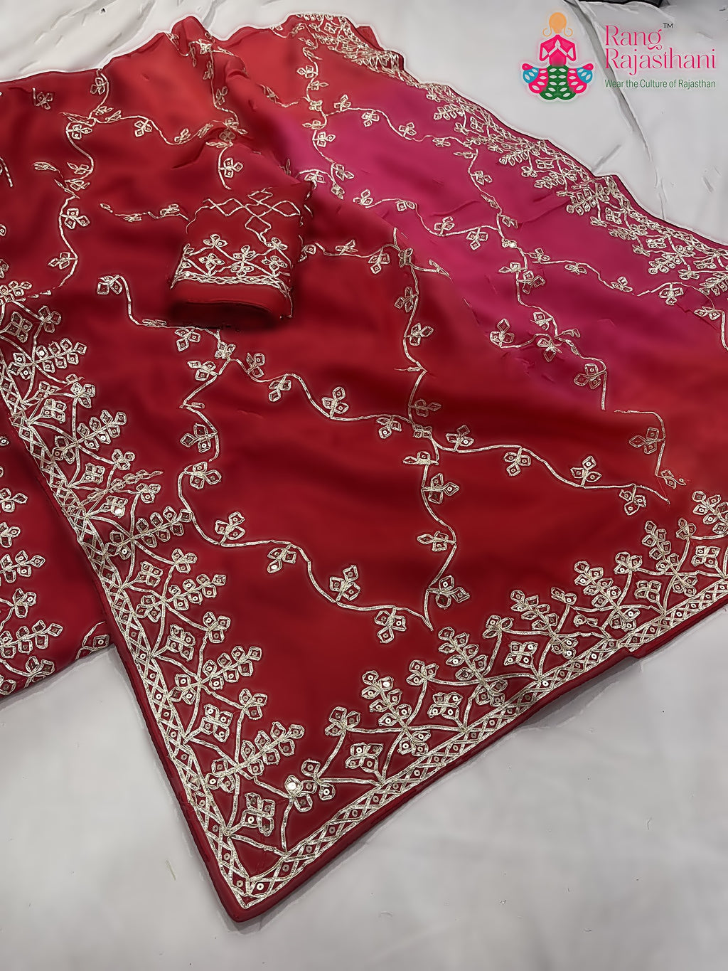 close up detailing of rani pure upada silk gota patti saree 