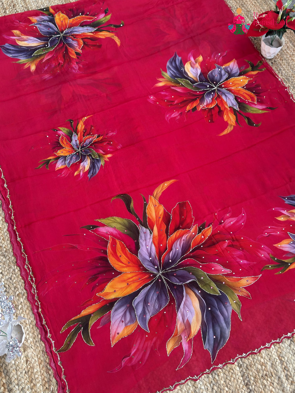 pallu detailing of rani pure chiffon hand embellishment printed saree