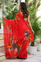 Rani Pure Chinon Hand Embellishment Printed Saree for Red Puja Sarees | Designer Pick