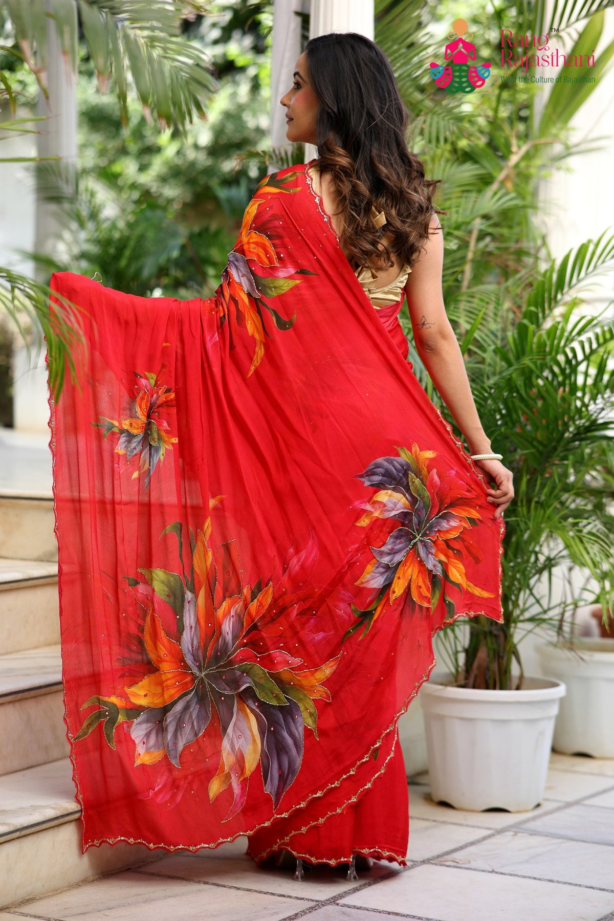 Rani Pure Chinon Hand Embellishment Printed Saree for Red Puja Sarees | Designer Pick