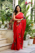 Rani Pure Chinon Hand Embellishment Printed Saree for Red Puja Sarees | Designer Pick