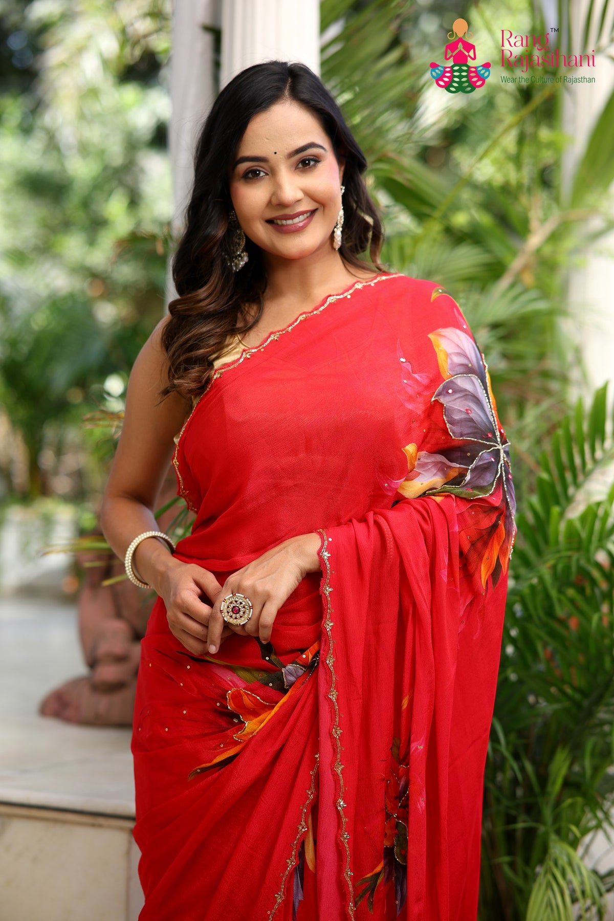 Rani Pure Chinon Hand Embellishment Printed Saree for Red Puja Sarees | Designer Pick