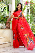 Rani Pure Chinon Hand Embellishment Printed Saree for Red Puja Sarees | Designer Pick