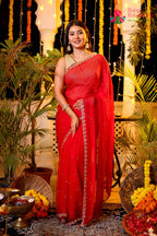 Rani Pure Chiffon Hand Embellishment Saree for Red Puja Sarees | Order Online
