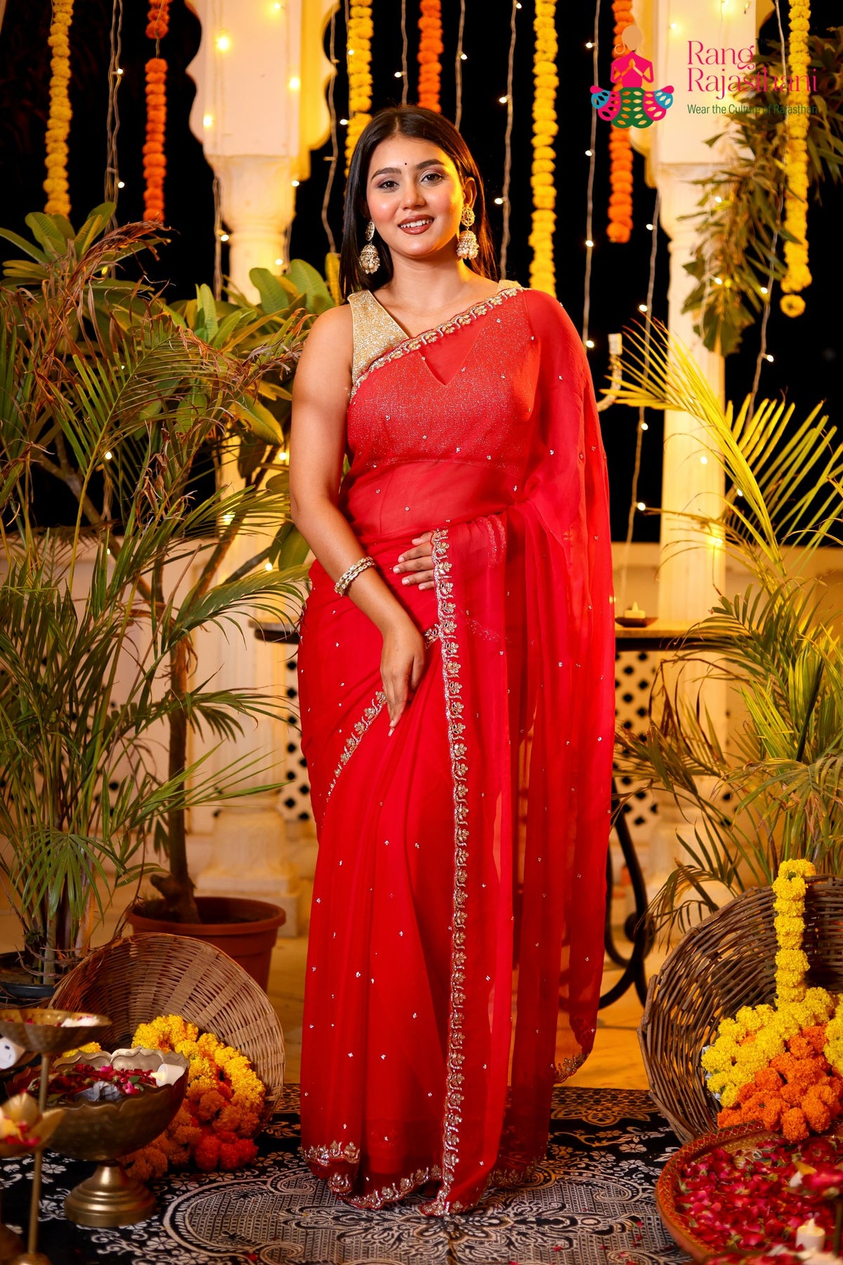 Rani Pure Chiffon Hand Embellishment Saree for Red Puja Sarees | Order Online
