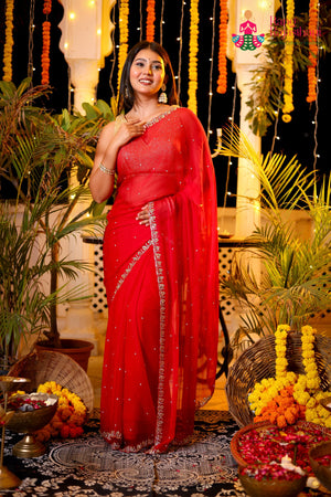Rani Pure Chiffon Hand Embellishment Saree for Red Puja Sarees | Order Online