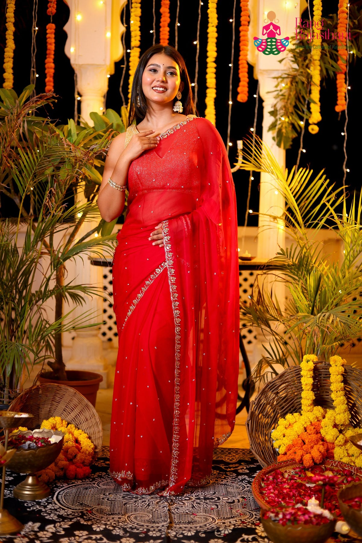 Rani Pure Chiffon Hand Embellishment Saree for Red Puja Sarees | Order Online