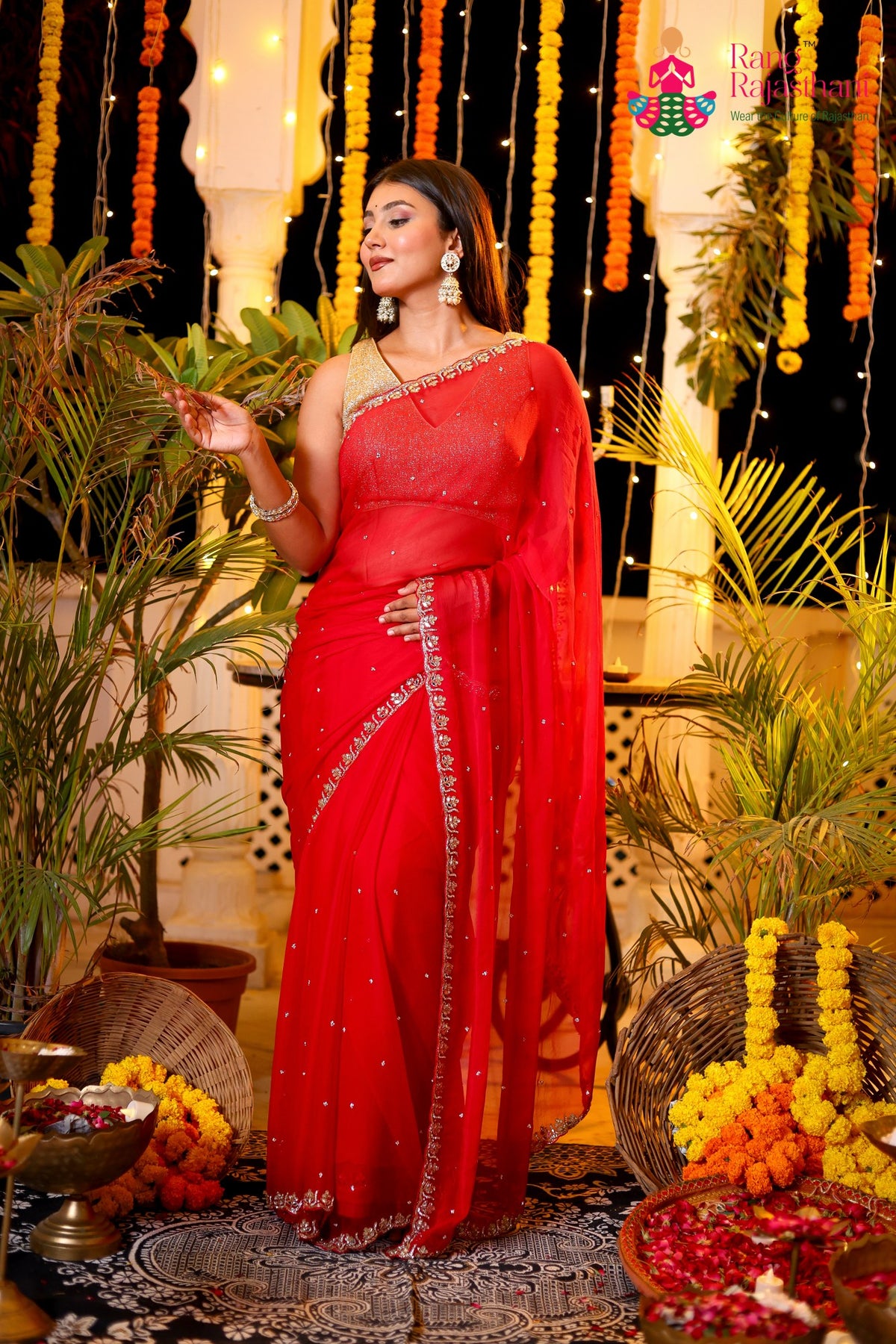 Rani Pure Chiffon Hand Embellishment Saree for Red Puja Sarees | Order Online