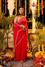 Rani Pure Chiffon Hand Embellishment Saree for Red Puja Sarees | Order Online