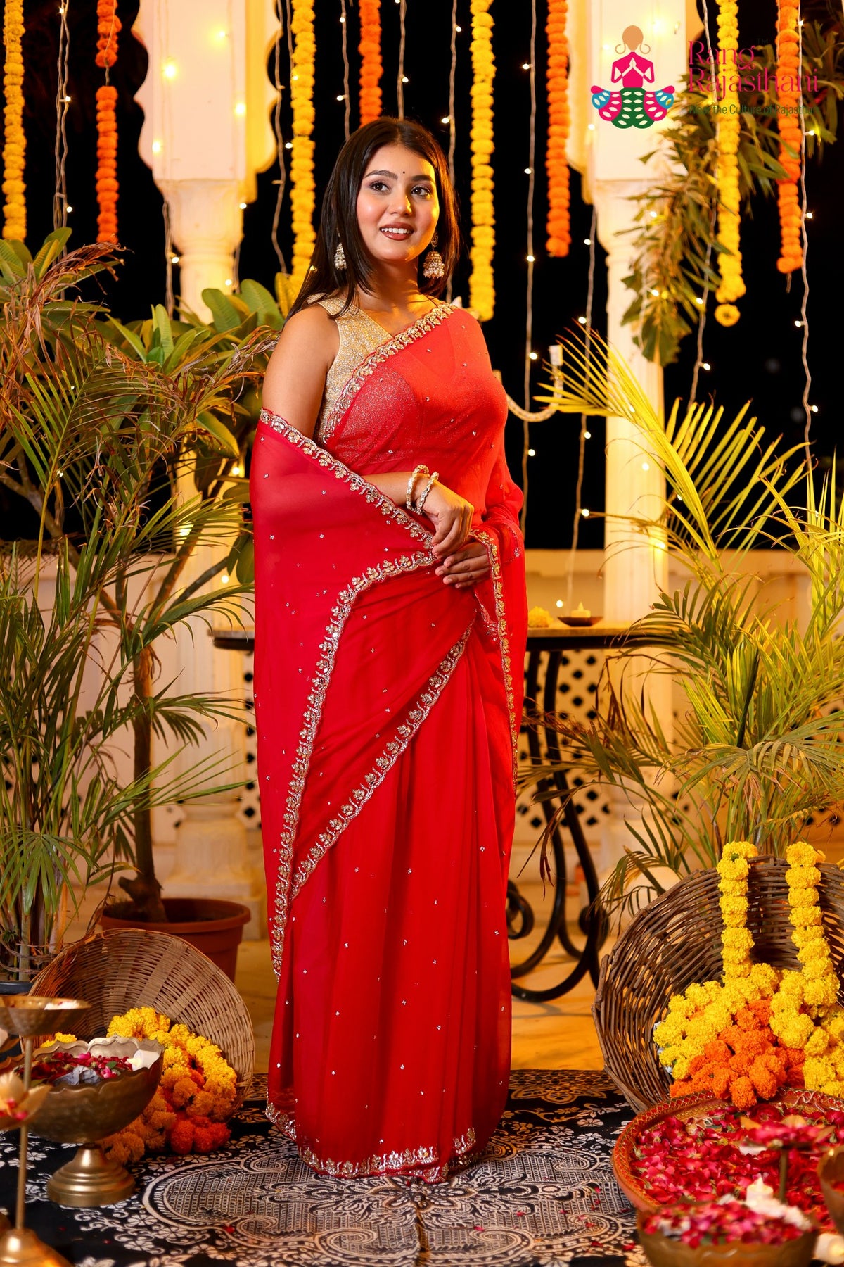 Rani Pure Chiffon Hand Embellishment Saree for Red Puja Sarees | Order Online