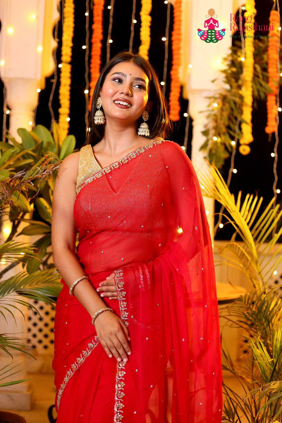Rani Pure Chiffon Hand Embellishment Saree for Red Puja Sarees | Order Online
