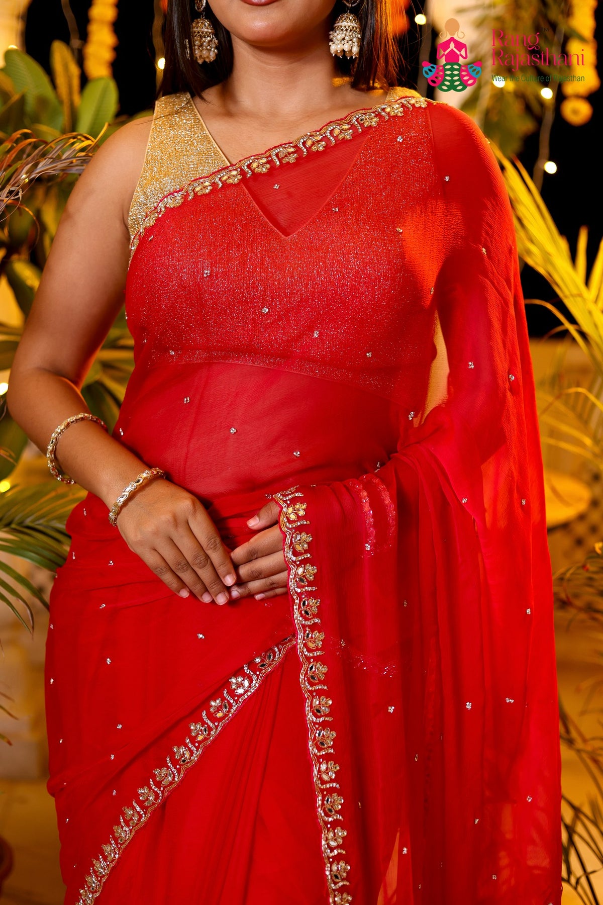 Rani Pure Chiffon Hand Embellishment Saree for Red Puja Sarees | Order Online