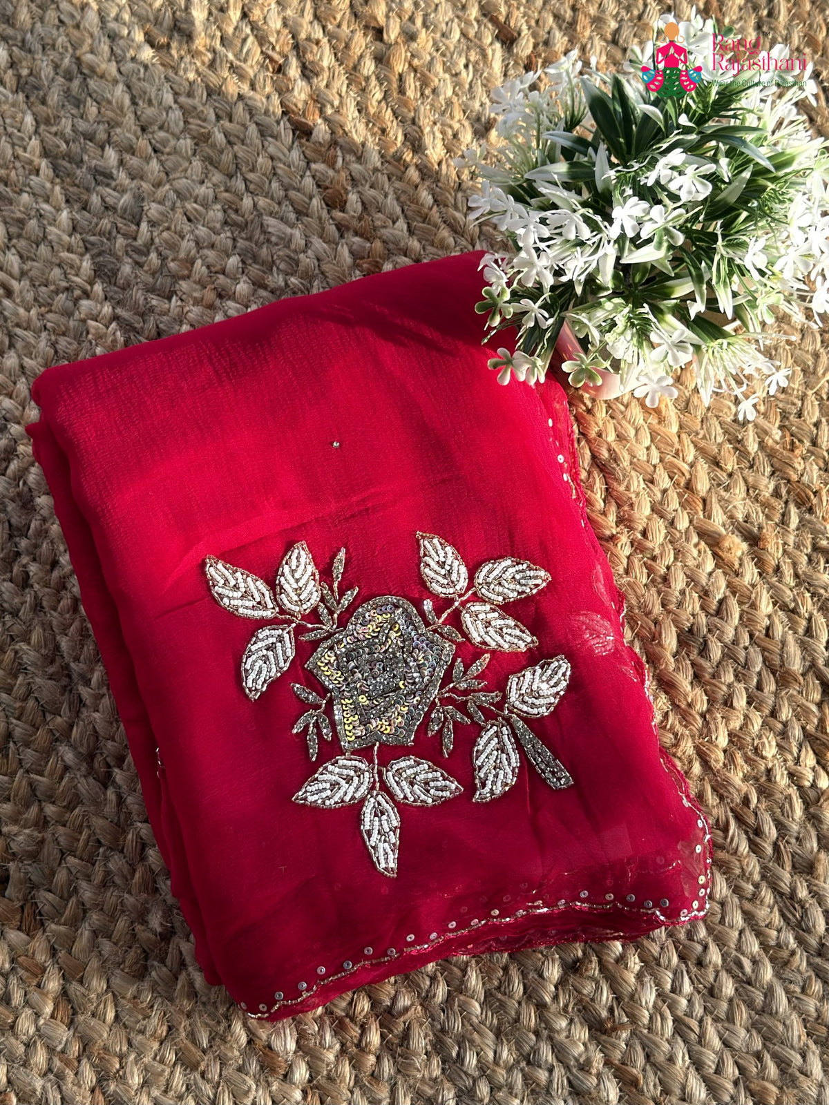 rani pure chiffon hand embellishment saree ethnic wear by Rang Rajasthani