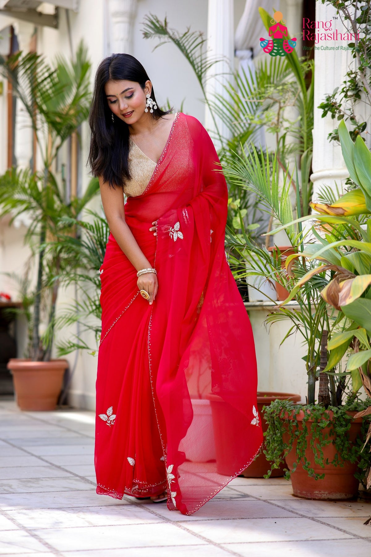 Rani Pure Chiffon Hand Embellishment Saree for Red Puja Sarees | Shop Online