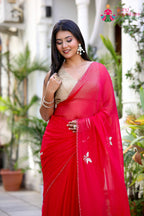 Rani Pure Chiffon Hand Embellishment Saree for Red Puja Sarees | Shop Online