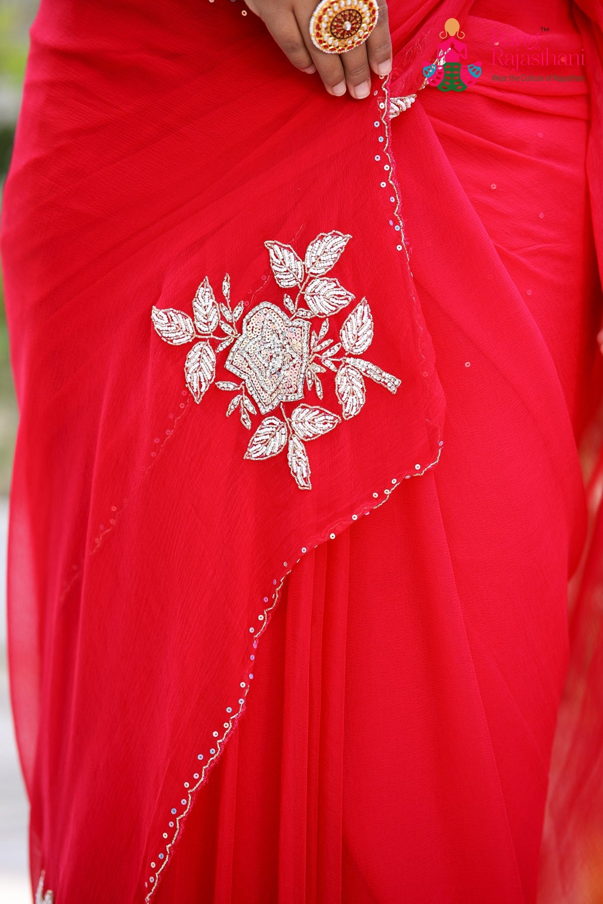 Rani Pure Chiffon Hand Embellishment Saree for Red Puja Sarees | Shop Online
