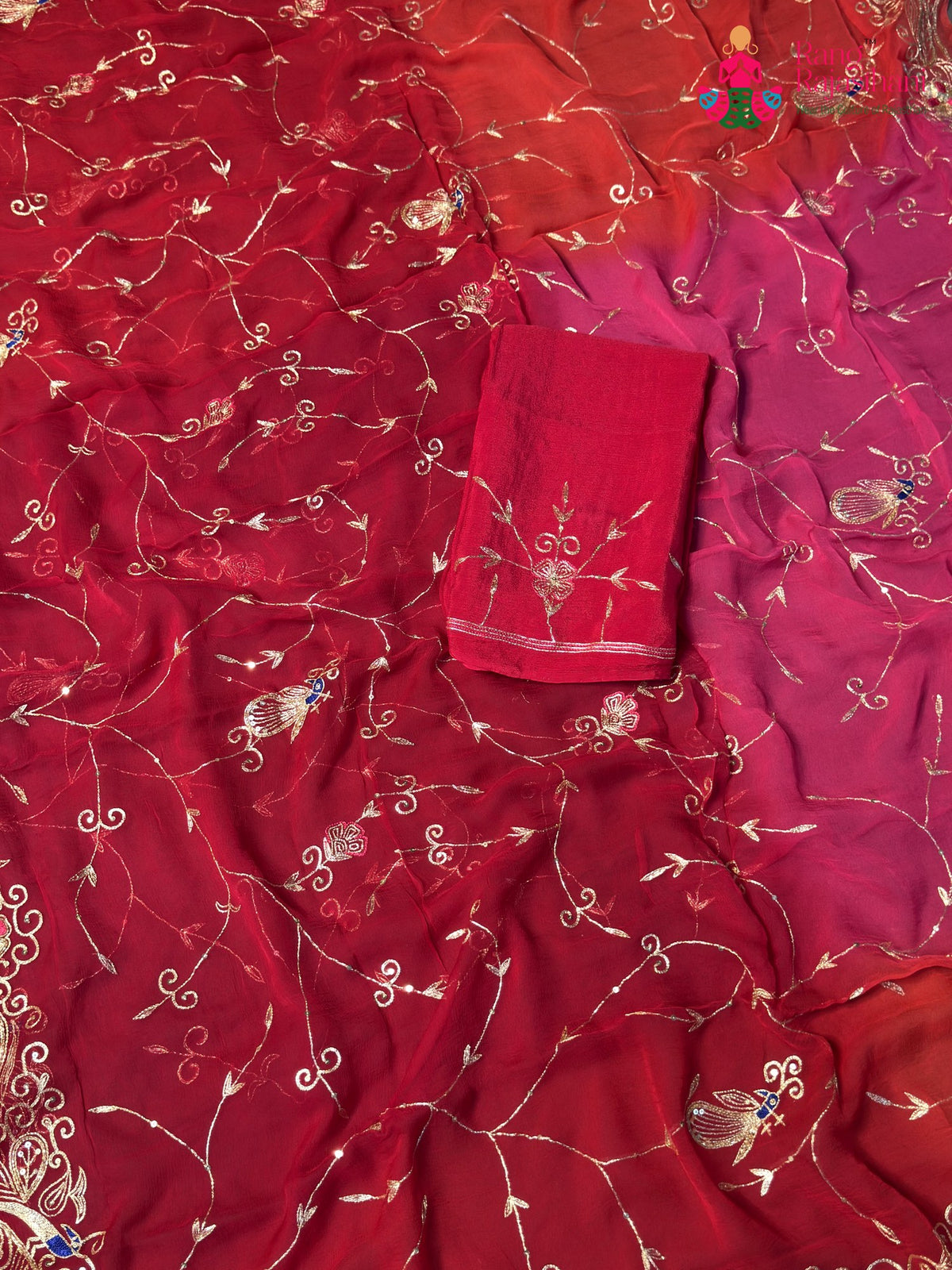 Rani Pure Chiffon Rajputi Aari Tari Saree for Bridal | Buy Online
