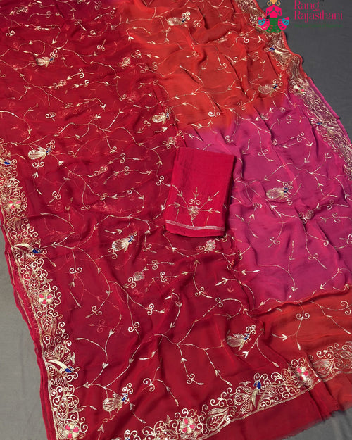 Rani Pure Chiffon Rajputi Aari Tari Saree for Bridal | Buy Online