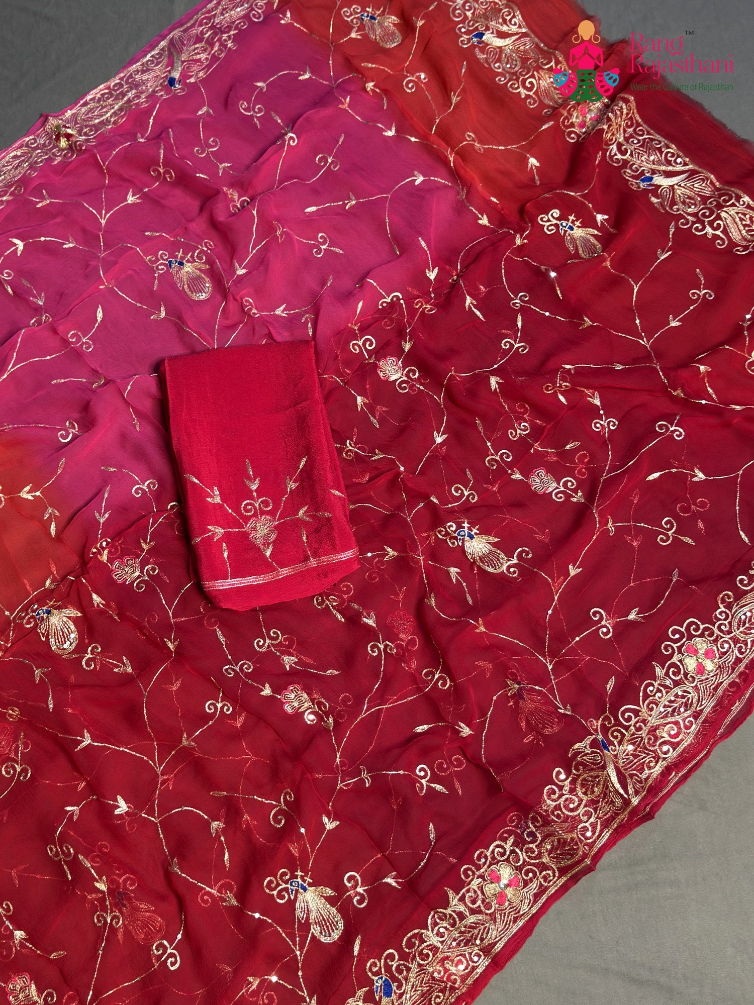Rani Pure Chiffon Rajputi Aari Tari Saree for Bridal | Buy Online