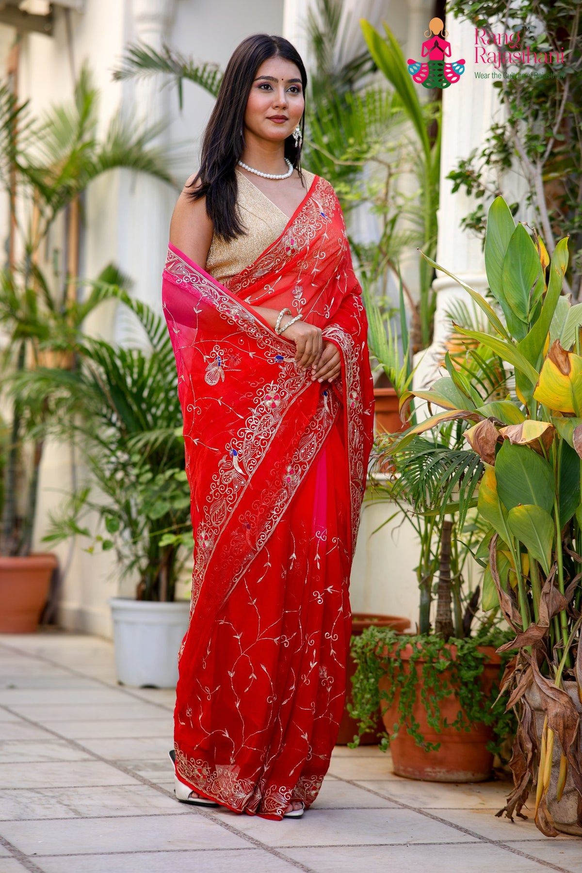 Multi Pure Chiffon Rajputi Aari Tari Saree for Bridal | Buy Online