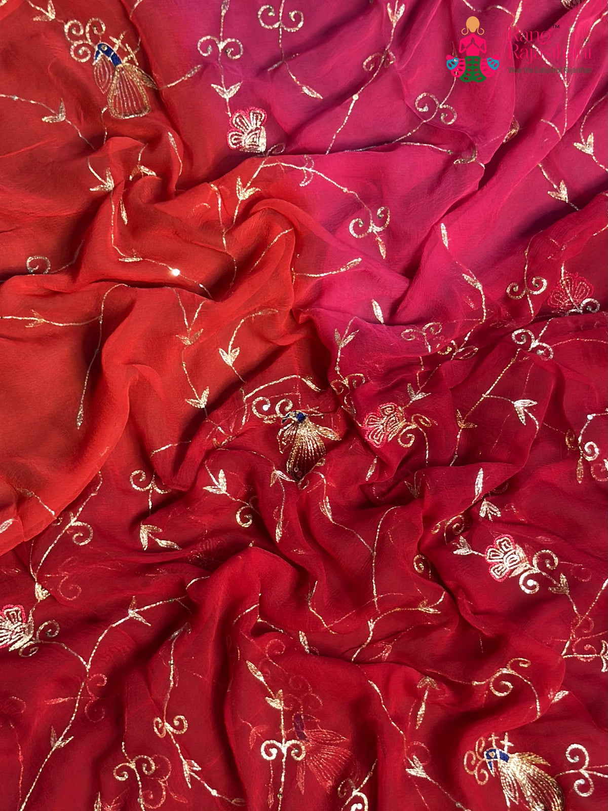 Rani Pure Chiffon Rajputi Aari Tari Saree for Bridal | Buy Online
