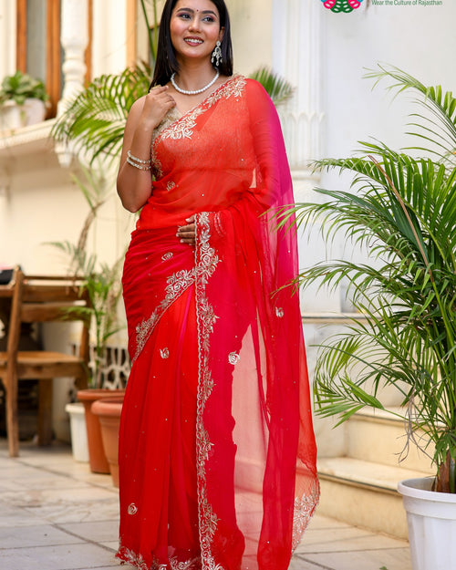 Multi Pure Chiffon Rajputi Aari Tari Saree for Wedding Guest | Shop Now