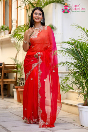 Multi Pure Chiffon Rajputi Aari Tari Saree for Wedding Guest | Shop Now