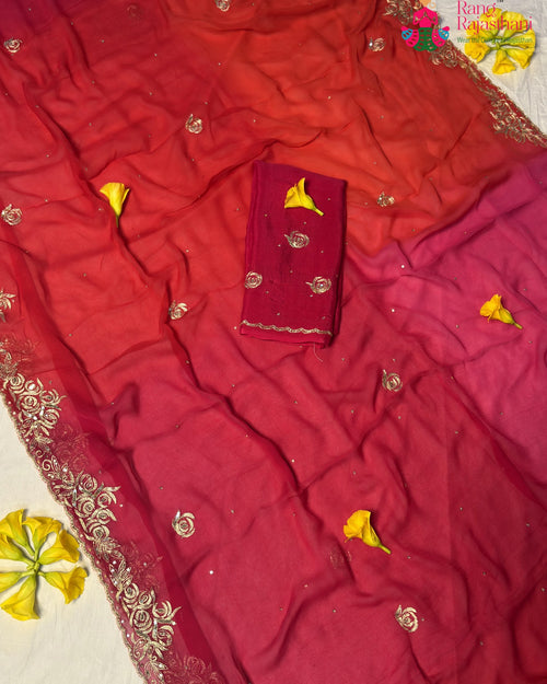 Rani Pure Chiffon Rajputi Aari Tari Saree for Wedding Guest | Shop Now