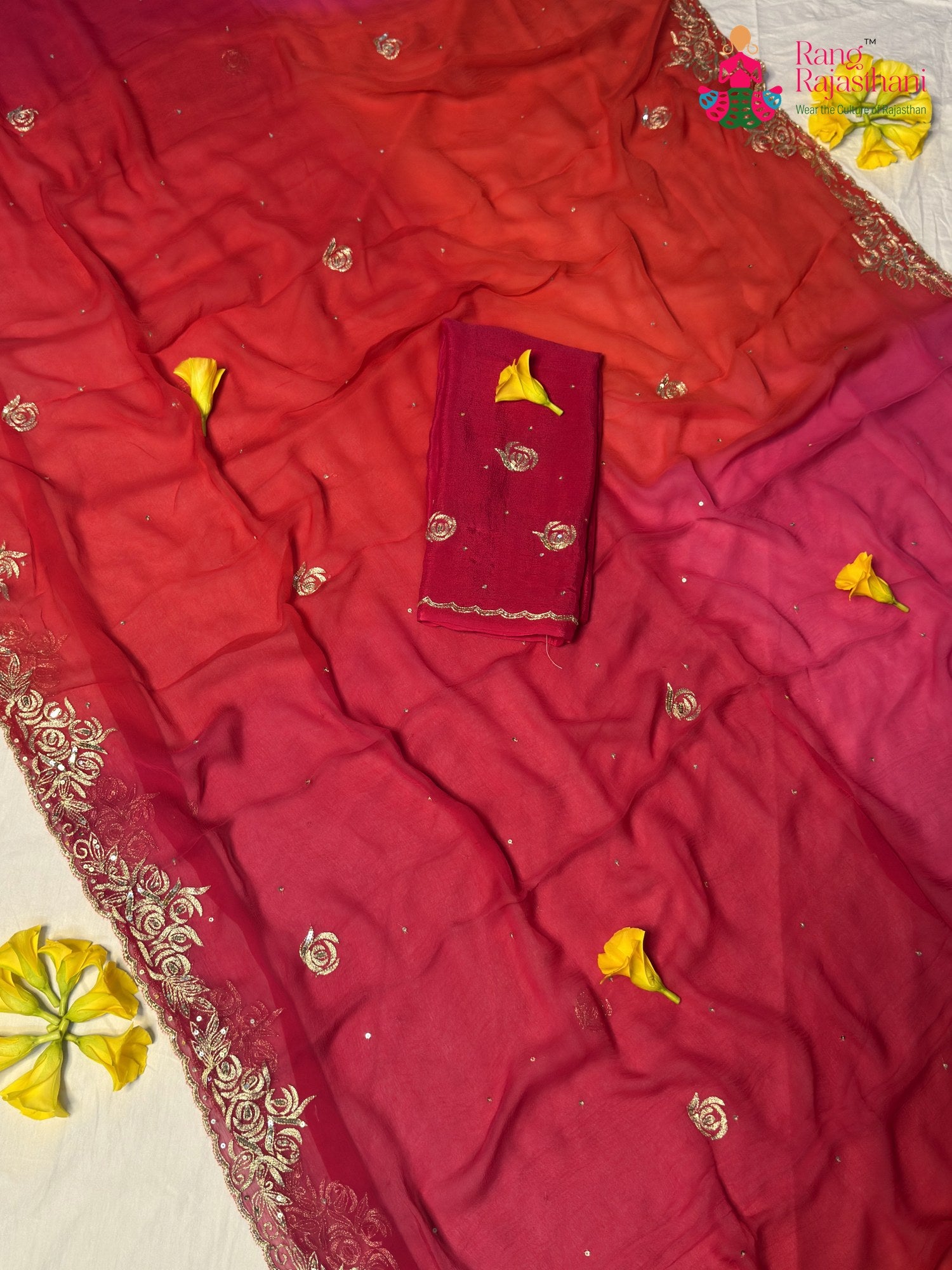 Rani Pure Chiffon Rajputi Aari Tari Saree for Wedding Guest | Shop Now
