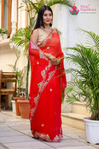 Multi Pure Chiffon Rajputi Aari Tari Saree for Wedding Guest | Shop Now