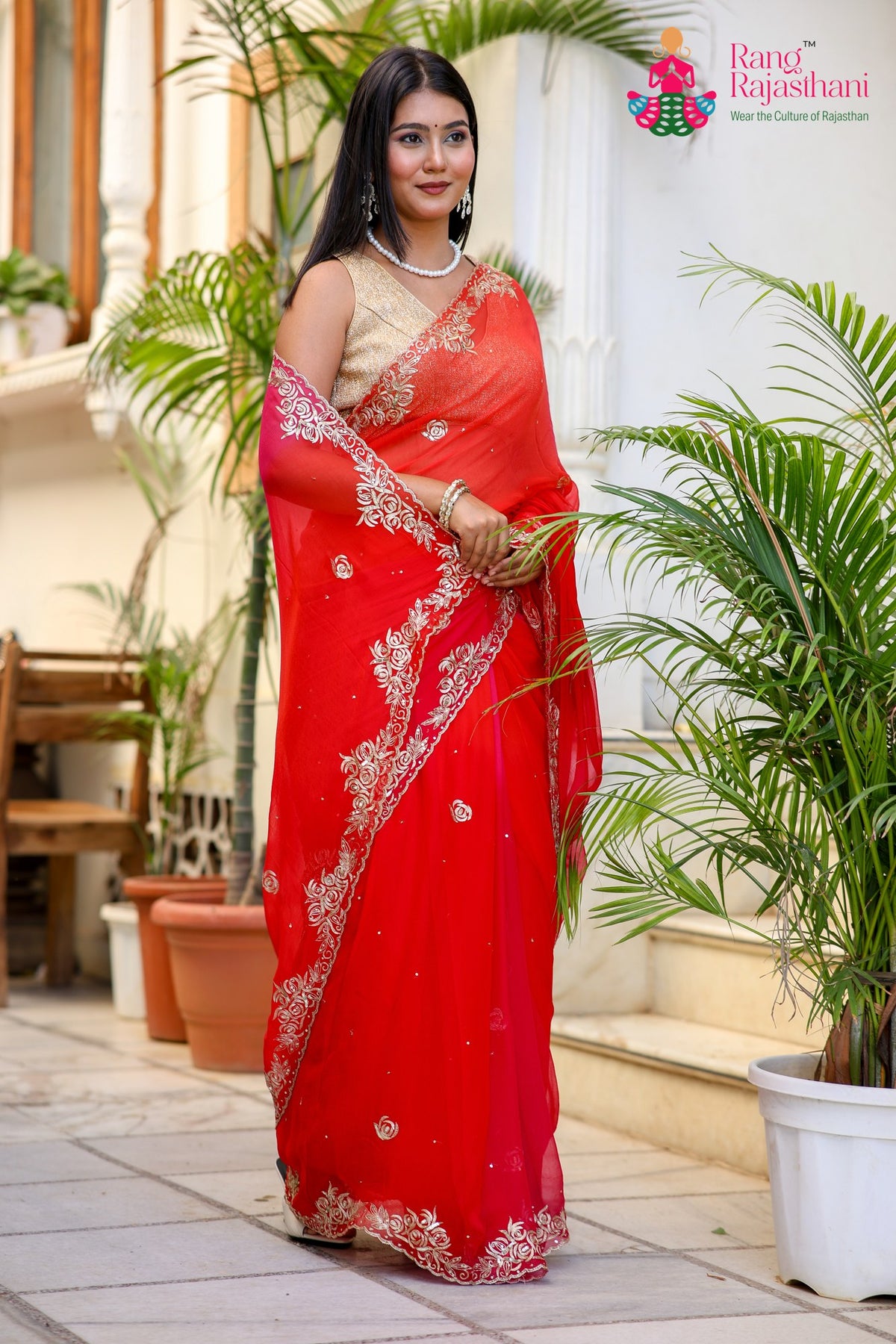 Multi Pure Chiffon Rajputi Aari Tari Saree for Wedding Guest | Shop Now