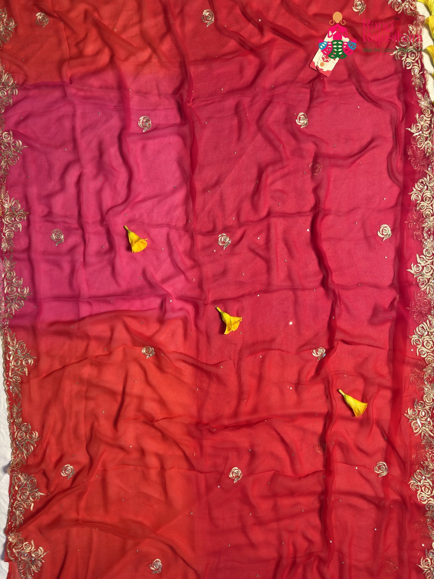 Rani Pure Chiffon Rajputi Aari Tari Saree for Wedding Guest | Shop Now