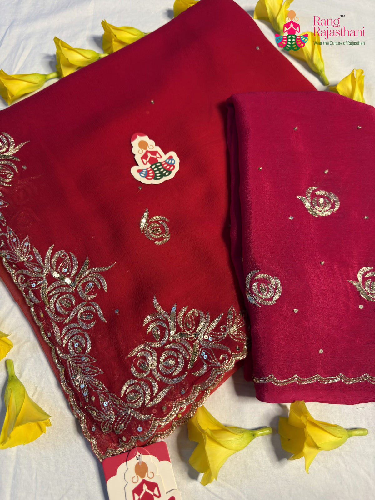 Rani Pure Chiffon Rajputi Aari Tari Saree for Wedding Guest | Shop Now