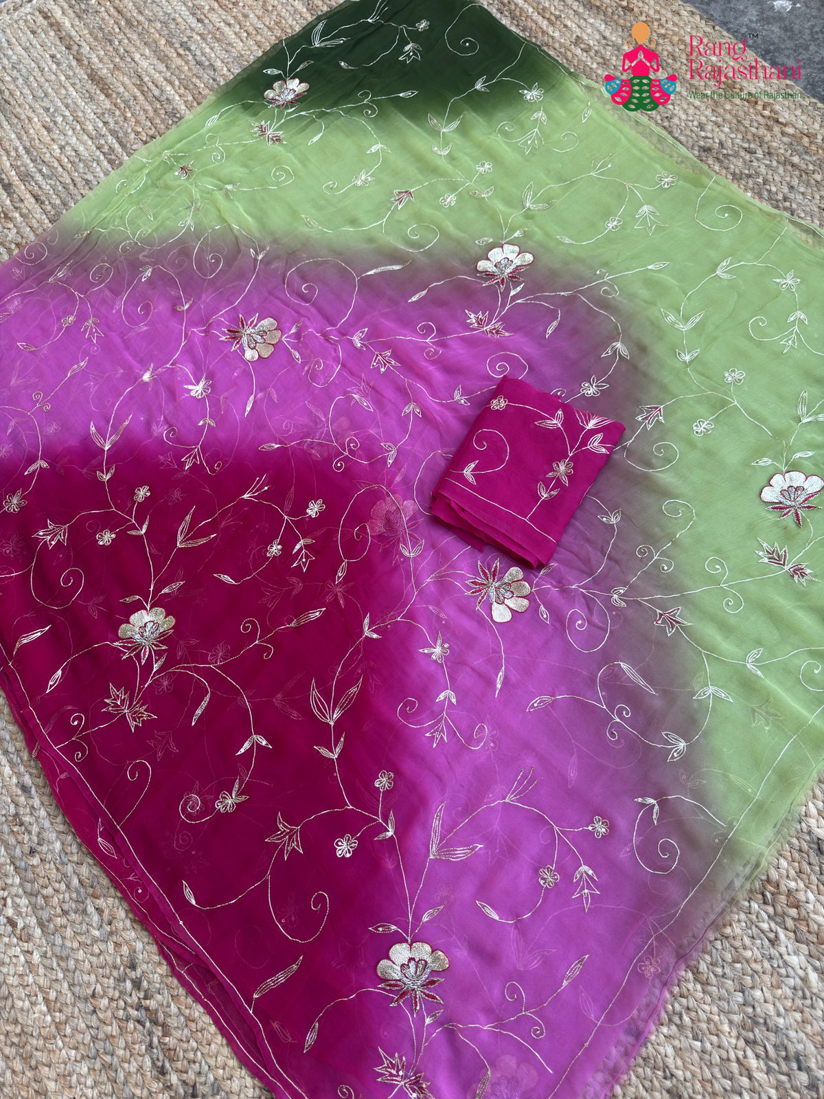 Multi Pure Chiffon Rajputi Aari Tari Saree for Mayra Ceremony | Designer Pick