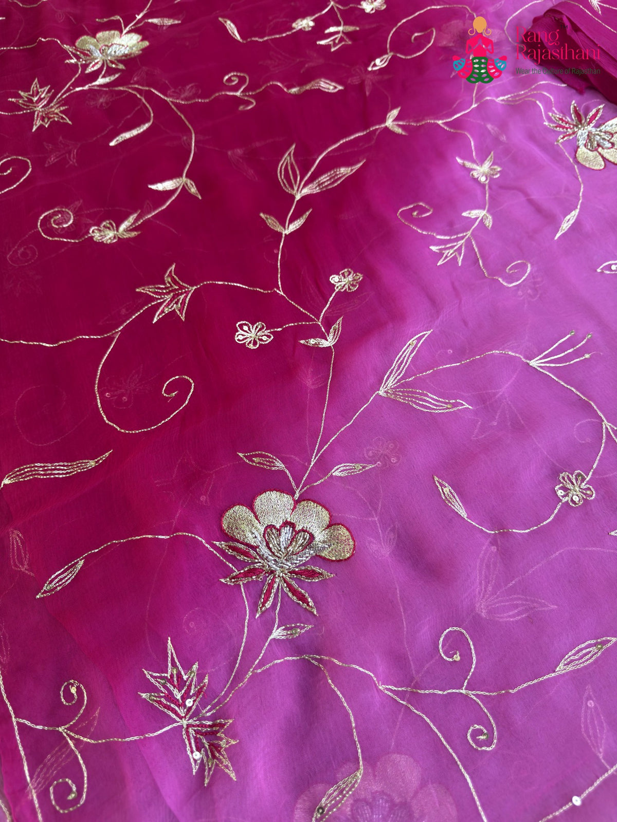 Multi Pure Chiffon Rajputi Aari Tari Saree for Mayra Ceremony | Designer Pick