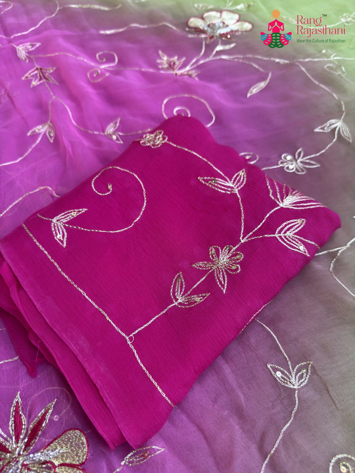Multi Pure Chiffon Rajputi Aari Tari Saree for Mayra Ceremony | Designer Pick