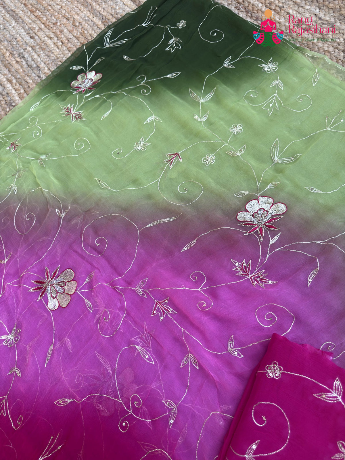 Multi Pure Chiffon Rajputi Aari Tari Saree for Mayra Ceremony | Designer Pick