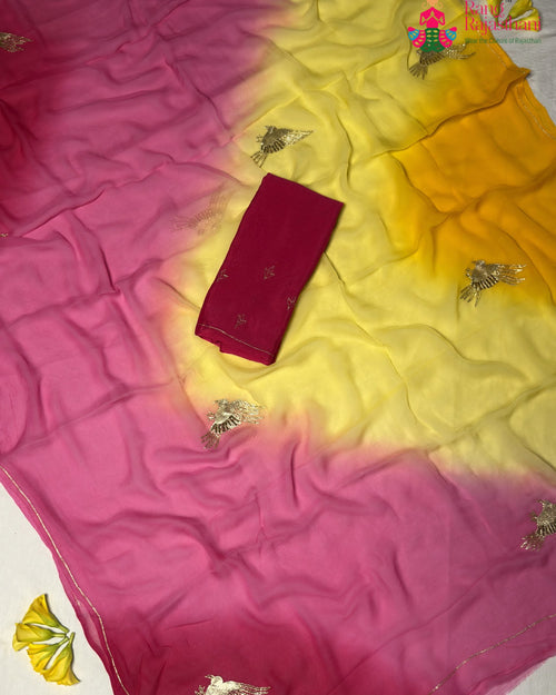 Rani Pure Chiffon Rajputi Aari Tari Saree for Haldi Ceremony | Designer Saree